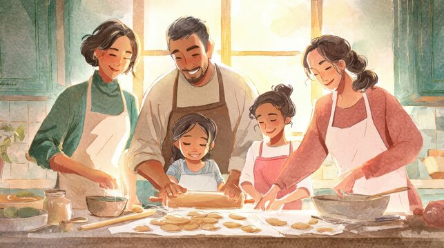 Family Cooking Together in Bright Kitchen During Day