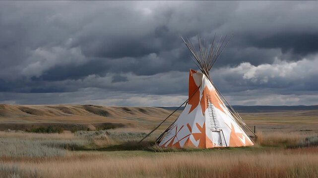 Beautiful Painted Tipi Stands Proudly in Vast Prairie Landscape Under Dramatic Dark Clouds.