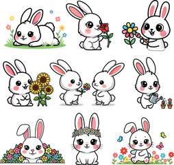 Adorable collection of cartoon bunny rabbits, each one showcasing unique charm and playful interaction with flowers and nature