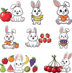 Collection of cute cartoon bunnies with various fruits, including apples, bananas, oranges, strawberries, grapes, cherries, and kiwi