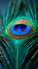 Obraz premium Macro of peacock feather texture with iridescent turquoise, blue and copper hues, fine detail clarity