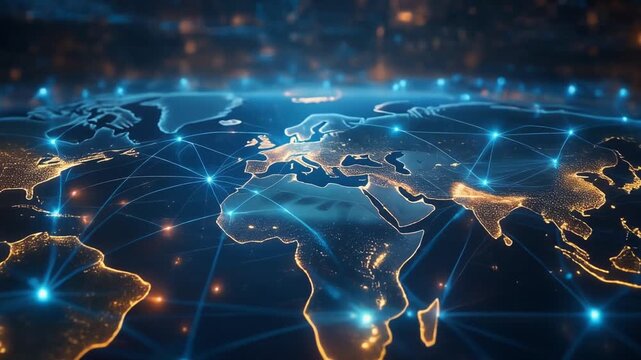 Global network connection illustration with glowing lines connecting continents on Earth, depicting digital communication and technology