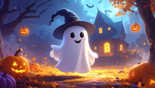 A cute cartoon ghost wearing a witch hat floats in a festive Halloween scene with pumpkins, a spooky house, and bats