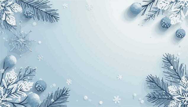 Vector illustration template featuring a serene winter decoration background with a flat design aesthetic, incorporating gentle snowflakes, frosted pinecones 