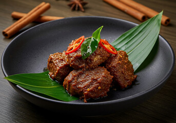 Close-up of Rendang dish served on a black plate with a banana leaf, garnished with chili slices and curry leaves, with cinnamon sticks and star anise in the background.