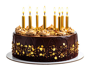 Elegant chocolate birthday cake with golden candles and confetti decoration, isolated on a transparent background, PNG