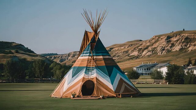 Vibrant Teepee Tent Stands Tall on Green Field Against Scenic Mountain Landscape.