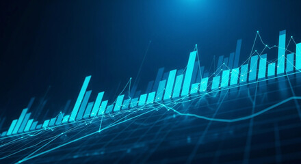 Glowing Blue Digital Bar Chart and Line Graph on Dark Futuristic Background