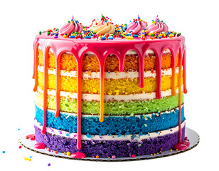Colorful rainbow layered birthday cake with dripping icing and sprinkles, isolated on a transparent background, PNG
