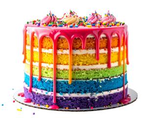Colorful rainbow layered birthday cake with dripping icing and sprinkles, isolated on a transparent background, PNG
