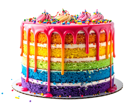 Colorful rainbow layered birthday cake with dripping icing and sprinkles, isolated on a transparent background, PNG
