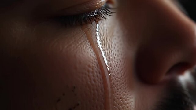 Tear drop close-up on face with focus on emotion texture
