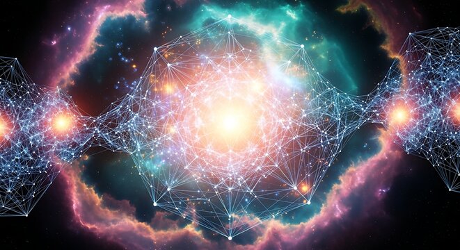 Abstract visualization of a dynamic cosmic network, representing data flow, artificial intelligence, and interconnected systems within a luminous nebulae-filled universe