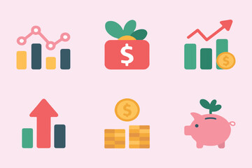 Financial growth icons set for investment, savings, and profit