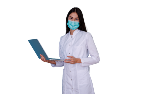 Healthcare professional in lab coat and surgical mask using laptop, showing telehealth and medical technology on transparent background - Powered by Adobe