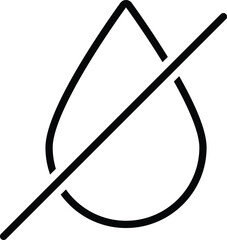 Minimal linear vector icon of a crossed-out water drop symbolizing dryness, no liquid content, dehydration, or water restriction