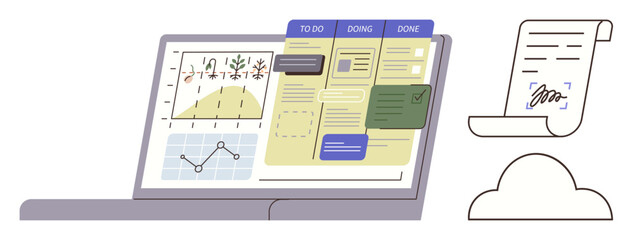 Open laptop displaying task boards, charts, and data graphs beside signed document and cloud icon. Ideal for project management, task tracking, productivity, collaboration, analytics, planning