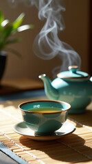 Japanese tea ritual scene with ceramic teapot and cup on bamboo mat, soft steam and elegant minimal mood
