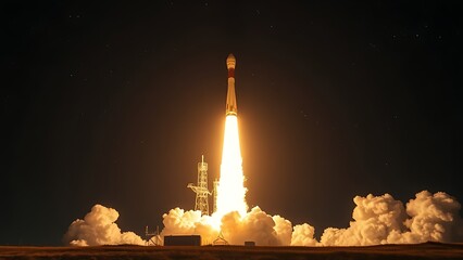 thrust. Dramatic night scene of a rocket launch, illuminated by glowing exhaust against a starry sky. STEM education sheets, lab safety posters, designed for biotech research communications.