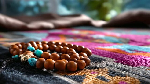 Defocused view of prayer beads resting on a beautifully patterned prayer rug, gentle morning light highlighting the textures, with copy space.