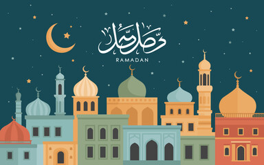 A charming digital illustration showcases mosque silhouettes under a night sky, celebrating Ramadan with vibrant colors and Islamic architectural beauty.