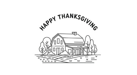 Happy thanksgiving greeting with a charming line art illustration of a rustic barn and surrounding landscape
