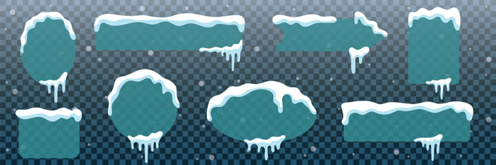 Winter set of frames of different shapes with snow.