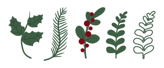 Botanical leaf elements in flat decorative style, suitable for holiday crafts, greeting card design, scrapbooking, stickers, and seasonal illustration projects.