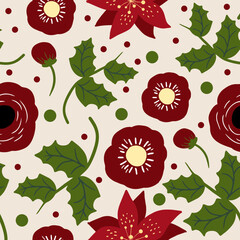 Floral seamless pattern in flat decorative style, perfect for fabric prints, gift wrap, stationery design, wallpapers, and craft projects.