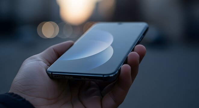 Close up of modern smartphone with blank screen held in hand