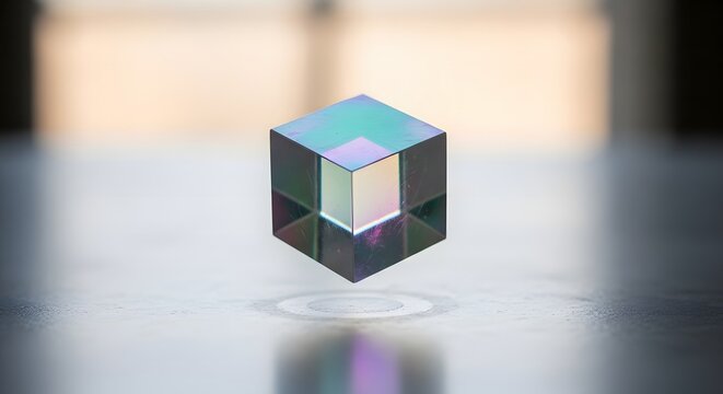 Iridescent dichroic cube with reflections and refraction on surface