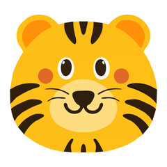 Cute cartoon tiger head illustration in flat vector style, perfect for children’s designs, educational materials, stickers, posters, and playful graphic projects.