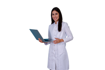 Young woman doctor wearing lab coat, smiling, holding laptop, representing healthcare innovation and medical technology on transparent background