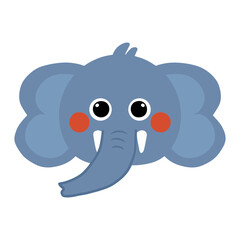 Cute cartoon elephant head illustration in flat vector style, ideal for children's designs, educational materials, stickers, posters, and playful graphic projects.