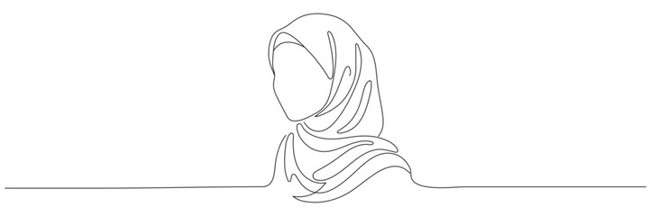 Continuous line drawing of a Muslim woman wearing a hijab. Single line vector of an Arab woman isolated on a white background. Editable line