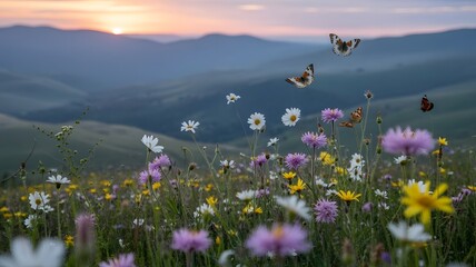 A field of wildflowers with butterflies and mountains at sunset