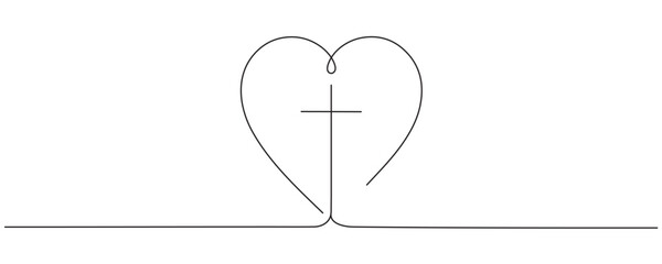 Christian church symbol logo in continuous line drawing style. Line art of a heart with Christian cross. One Continuous line drawing cross of Christ and heart. Editable stroke.