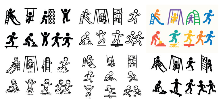 Playground icons: children playing on swings and slides