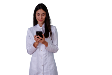 Female doctor or medical professional texting on phone, providing telehealth or digital healthcare services, transparent background
