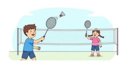 Two Kids Playing Badminton Outdoors. Minimal Flat Vector Design.
