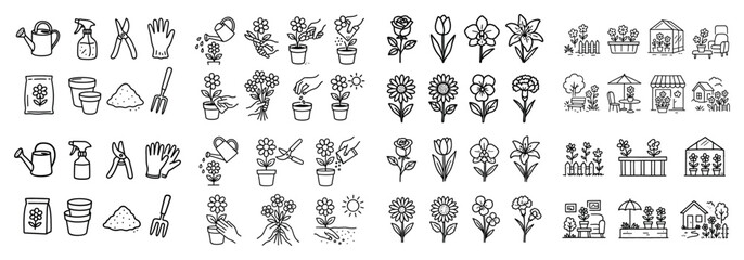 Gardening tools and plant icons collection