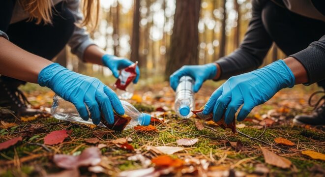 Forest cleanup shows hands in blue gloves collecting trash outdoors. Forest cleanup includes picking up plastic bottles and debris in wooded area, part of an environmental effort.
