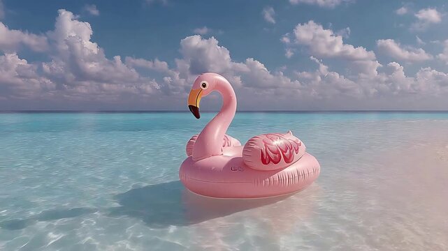 Pink Flamingo Inflatable Gently Drifting on Crystal Clear Turquoise Tropical Ocean Water.