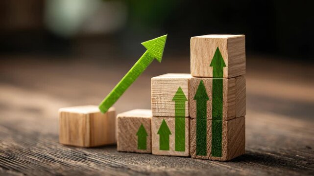 Wooden blocks with green arrows symbolizing business growth and success