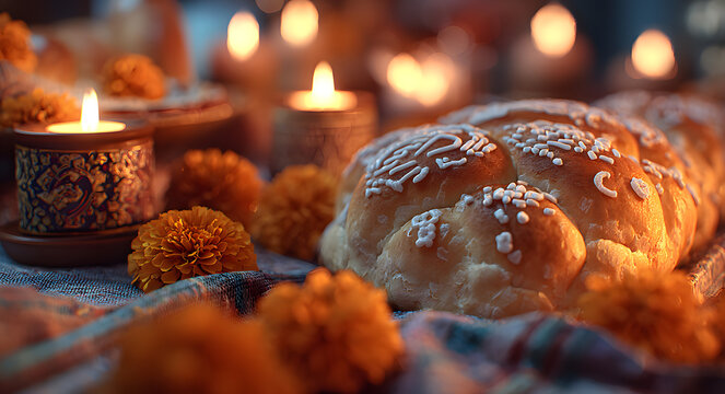Traditional pan de muerto with marigold flowers and candles for dia de los muertos celebration. concept of mexican culture, ancestral tradition, festive bread