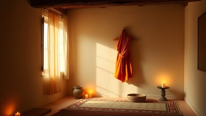 ashram. An Indian ashram room with an orange robe on the wall, lit by candlelight. event programs, museum guides, designed for cultural heritage projects and event programs.