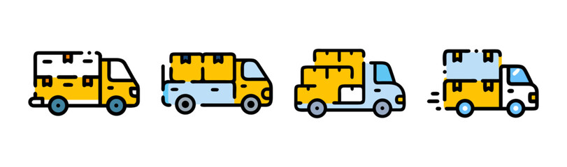 Collection of four stylized delivery trucks carrying boxes