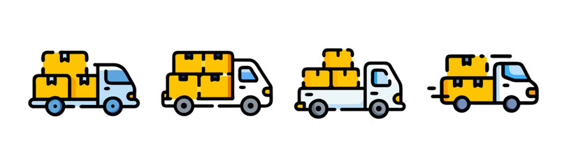 Fototapeta premium Four colorful box trucks carrying cargo in a row