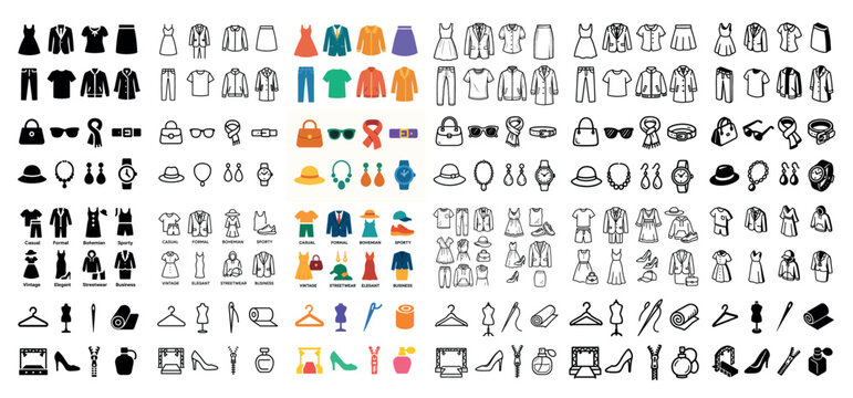 Diverse fashion icons and clothing illustrations