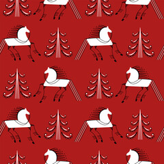 Seamless background with decorative elements of traditional folk of Russia. Mezensky red horse and christmas tree